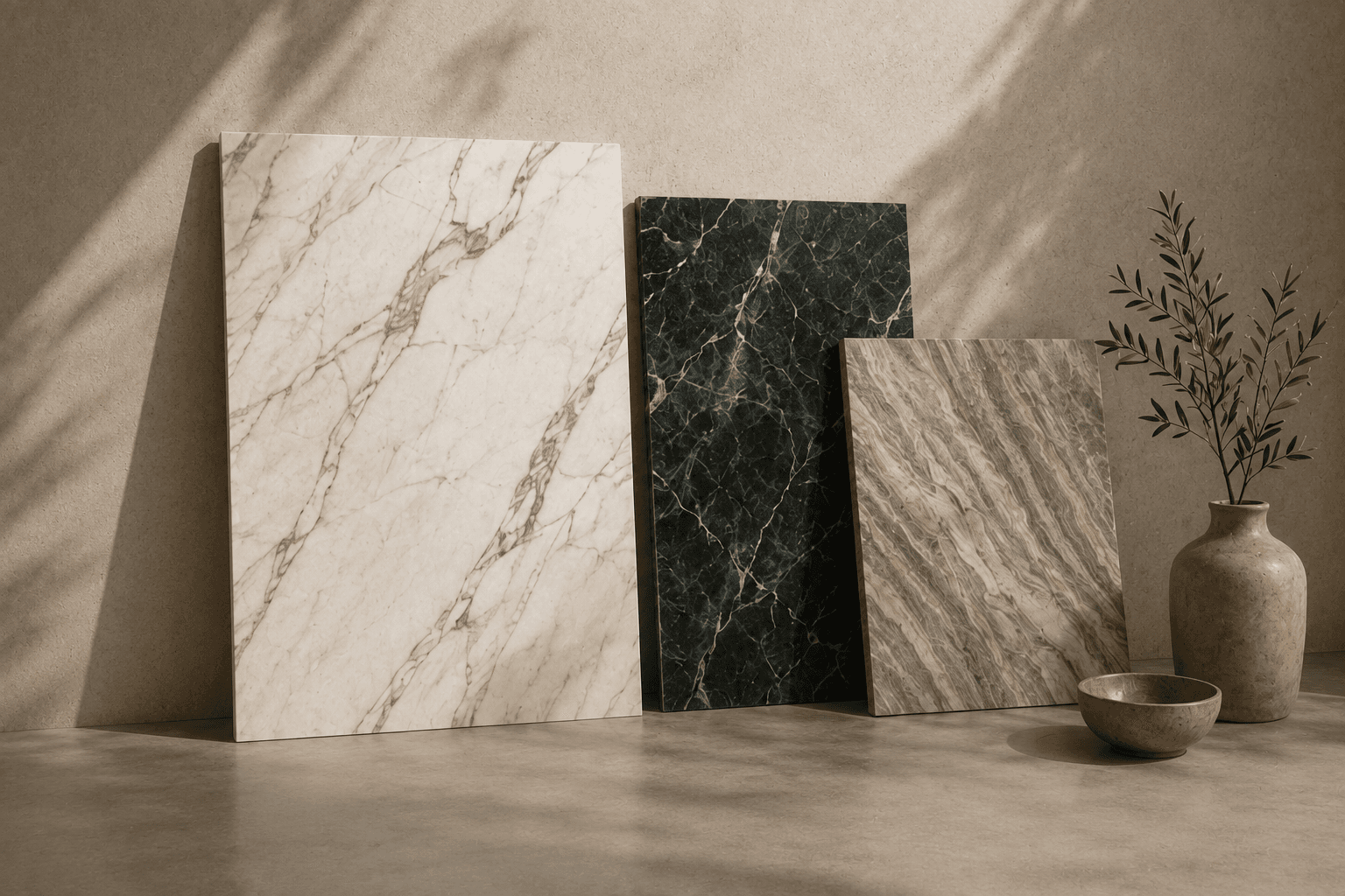Trois dalles de marbre — blanc veiné d'or, vert foncé et beige rayé — appuyées contre un mur ensoleillé