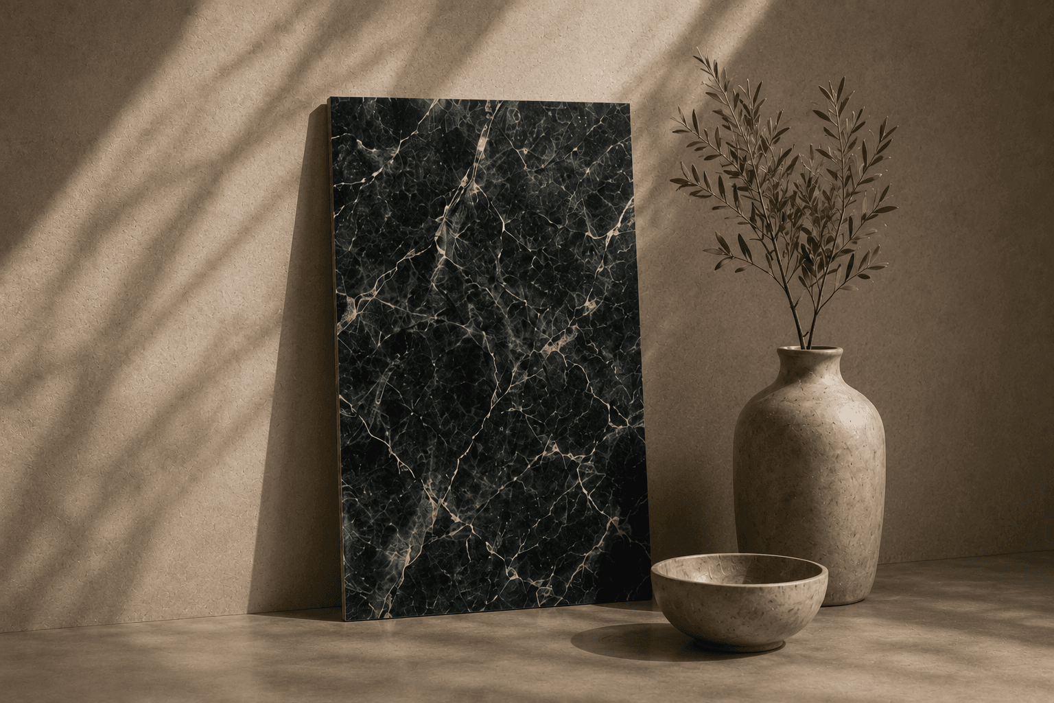 Dalle de marbre noir veiné de blanc, appuyée contre un mur, avec un vase en céramique