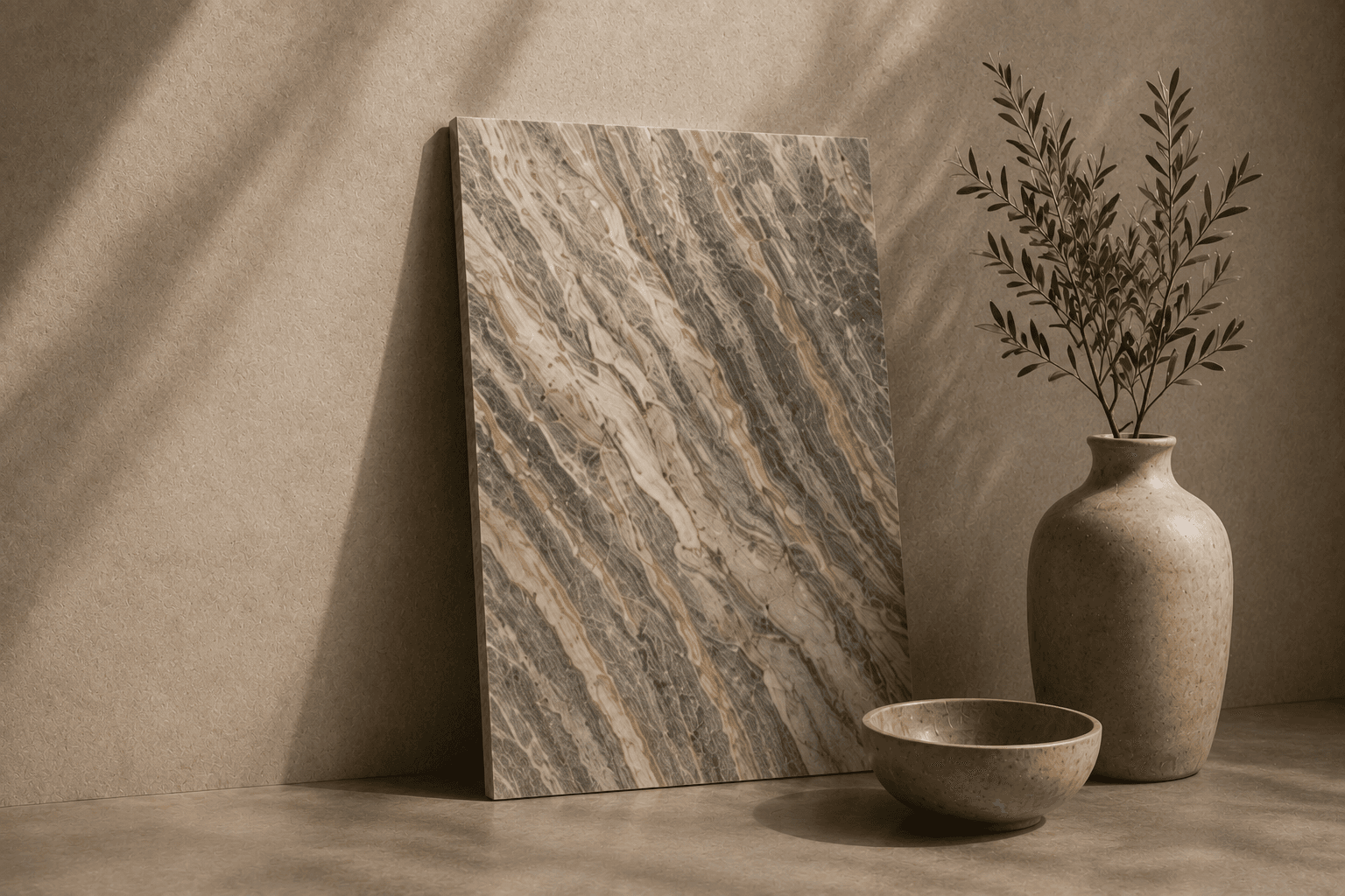 Dalle de marbre beige aux veines dorées diagonales, appuyée contre un mur