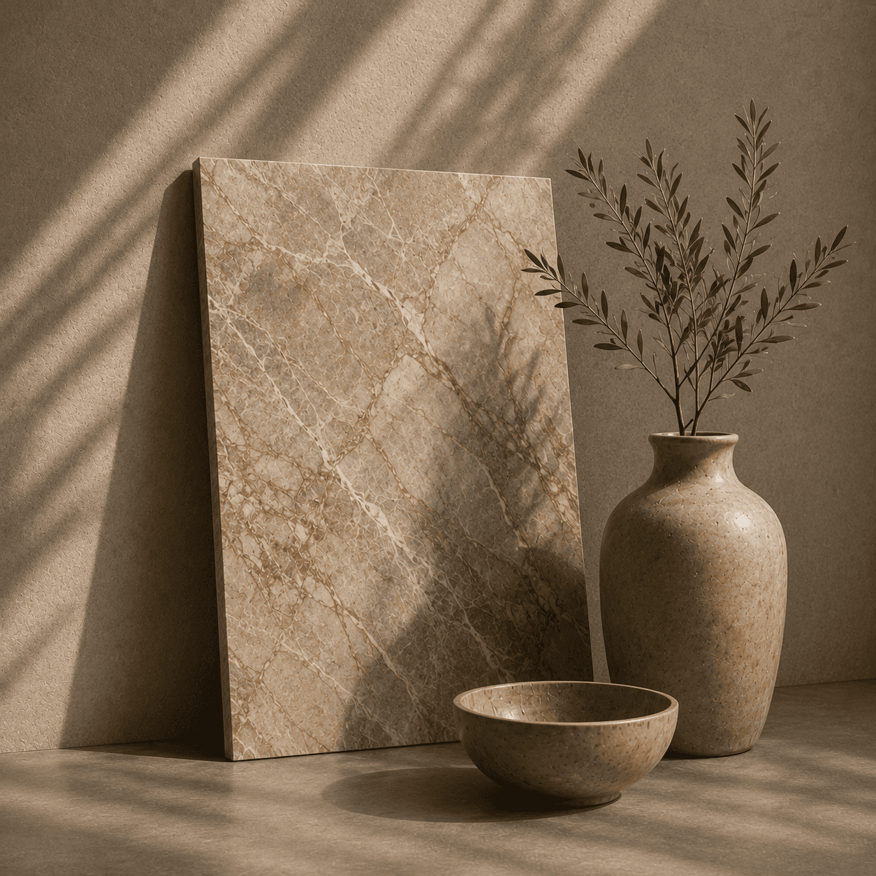 Dalle de marbre beige aux veines dorées verticales, appuyée contre un mur