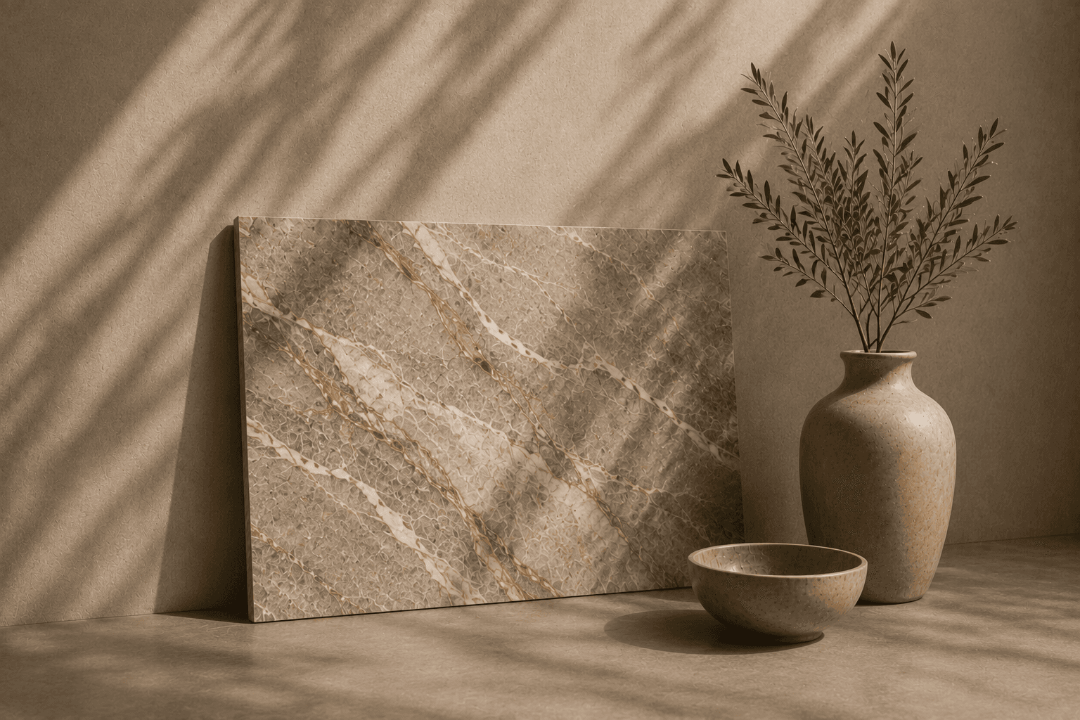 Dalle de marbre beige aux veines dorées, format paysage, appuyée contre un mur