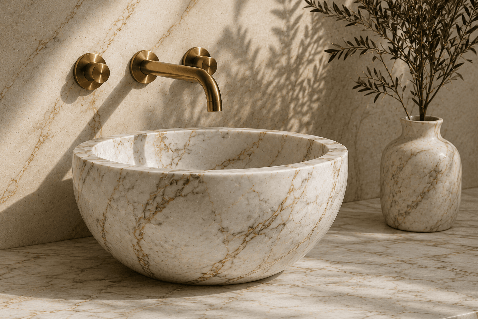 Vasque ronde en marbre veiné sous une robinetterie laiton, avec un vase en marbre et un olivier