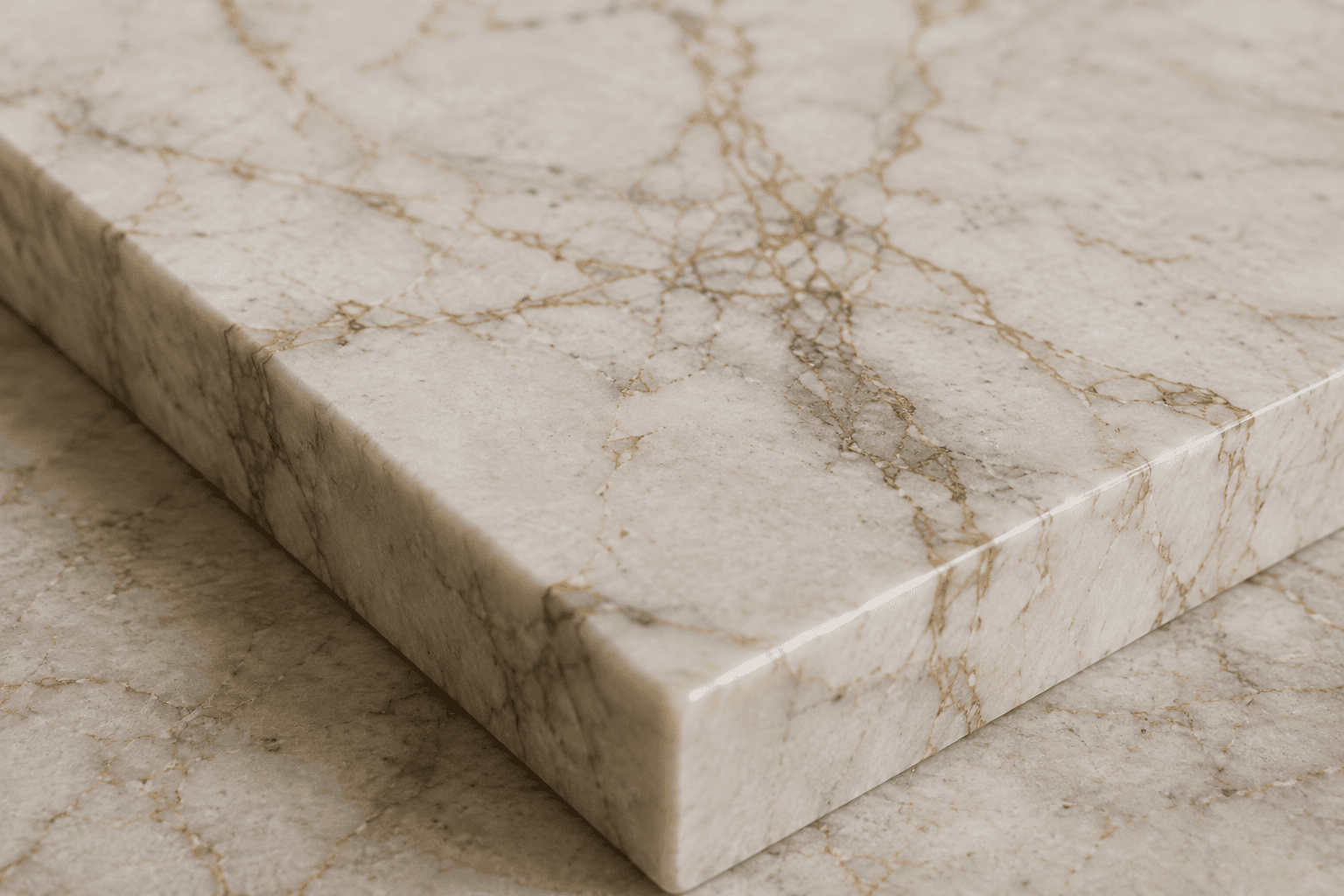 Gros plan sur l'arête d'une dalle de marbre beige veinée d'or