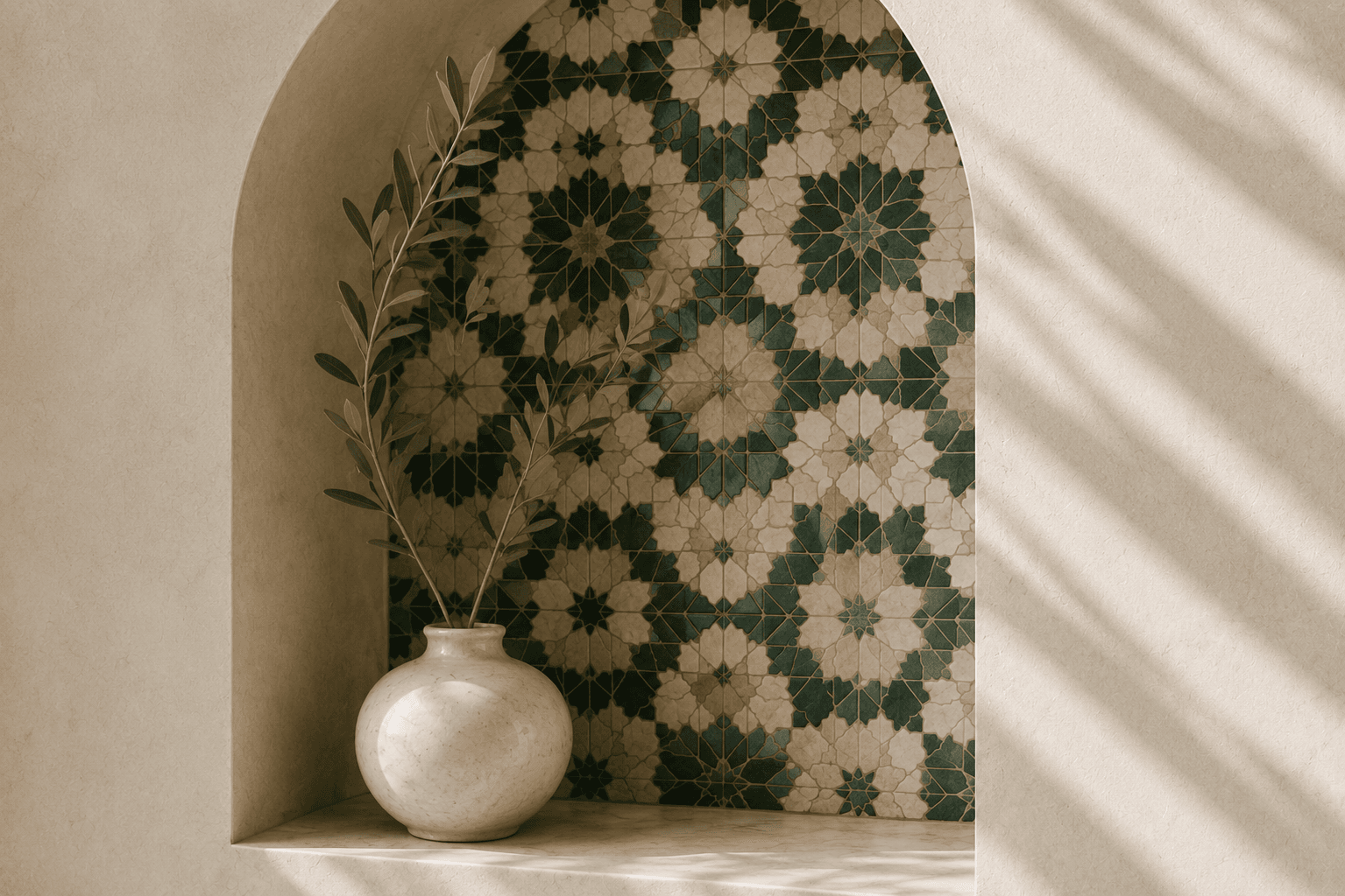 Niche en zellige vert et crème avec un vase en marbre et un olivier