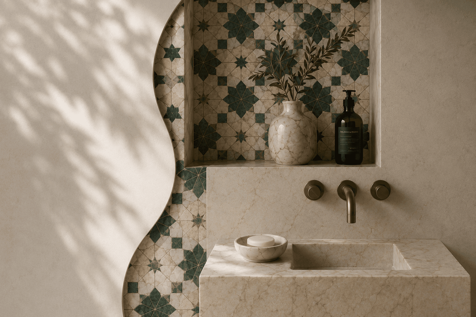 Vasque en marbre veiné devant une niche de zellige vert et crème, avec un vase en marbre et un flacon en verre ambré