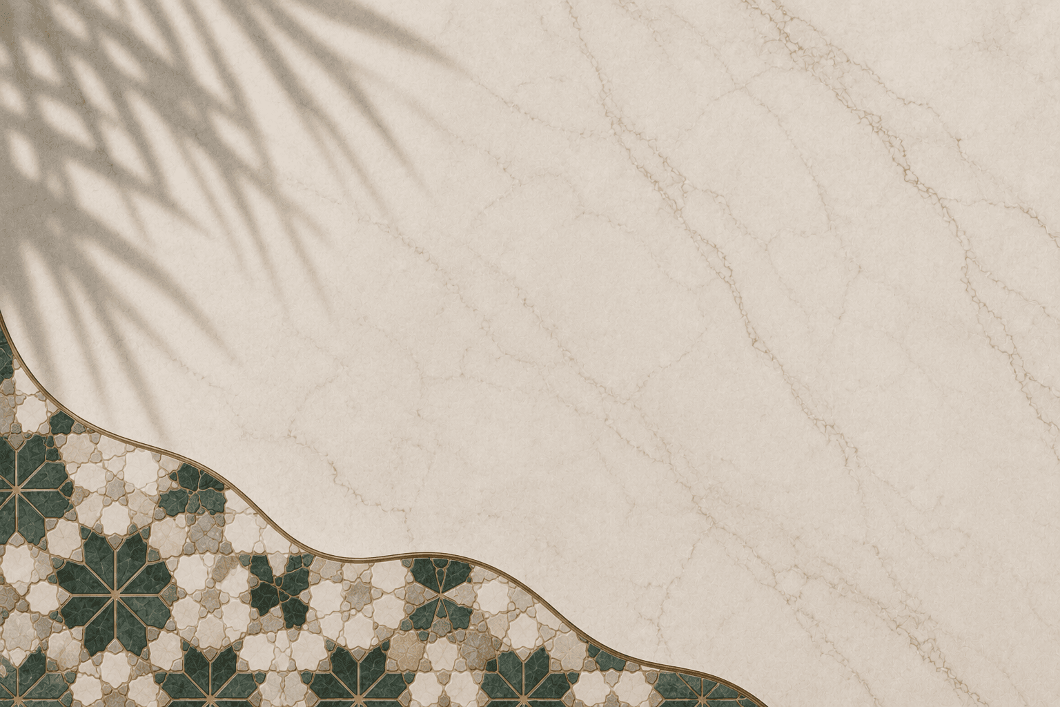 Marbre veiné avec ombre de feuillage et bordure de zellige vert et crème