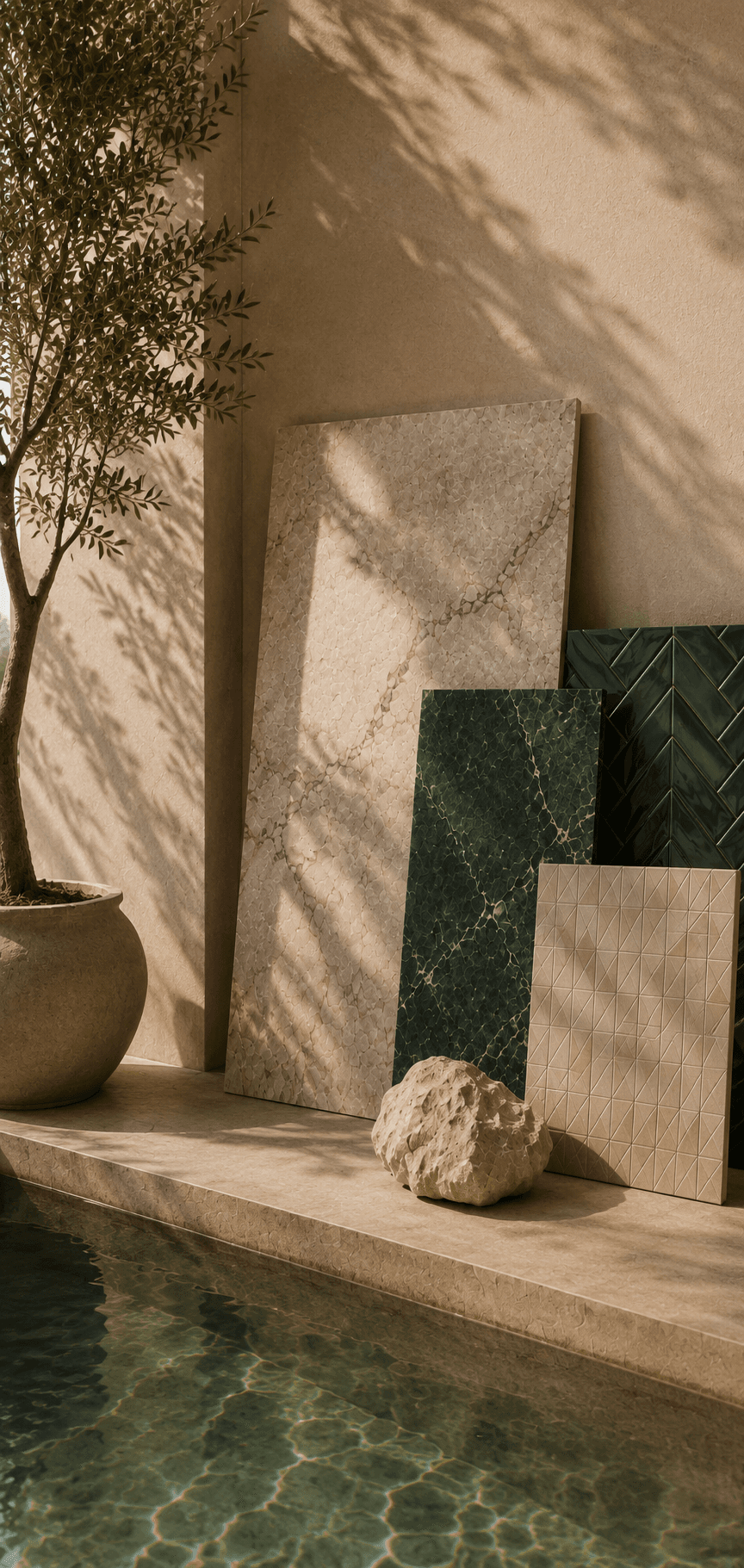 Dalles de marbre et zellige émaillé à la main, appuyés contre un mur de patio ensoleillé